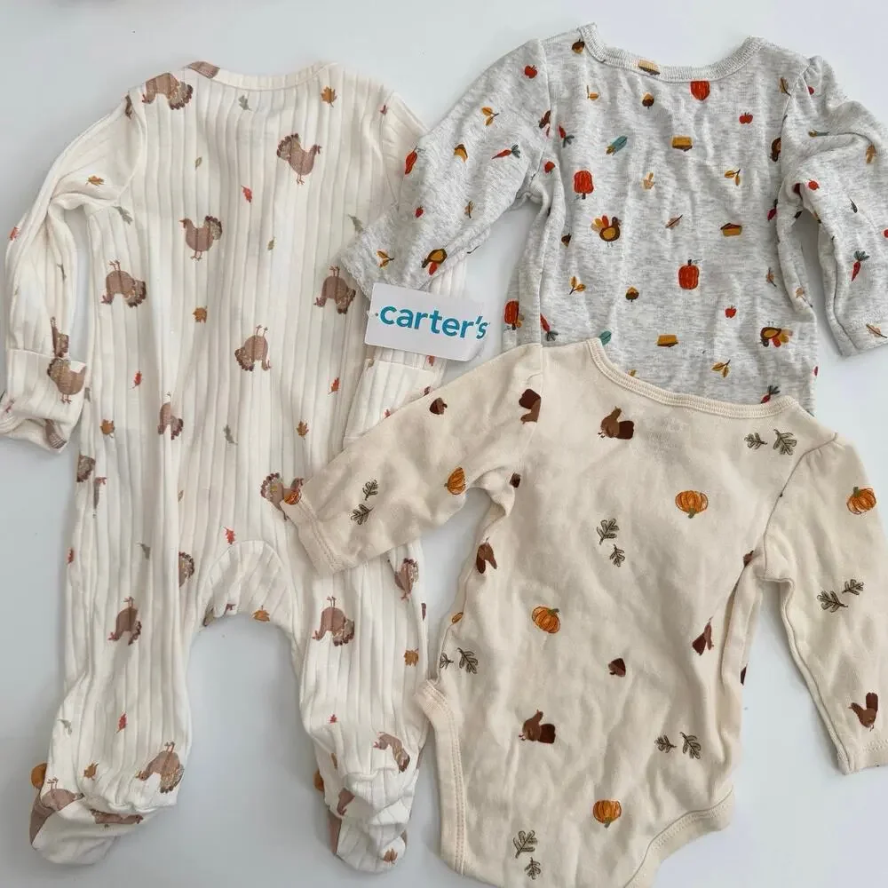 3x Carter’s thanksgiving long sleeve onesie zip footie pj pie pumpkin turkey